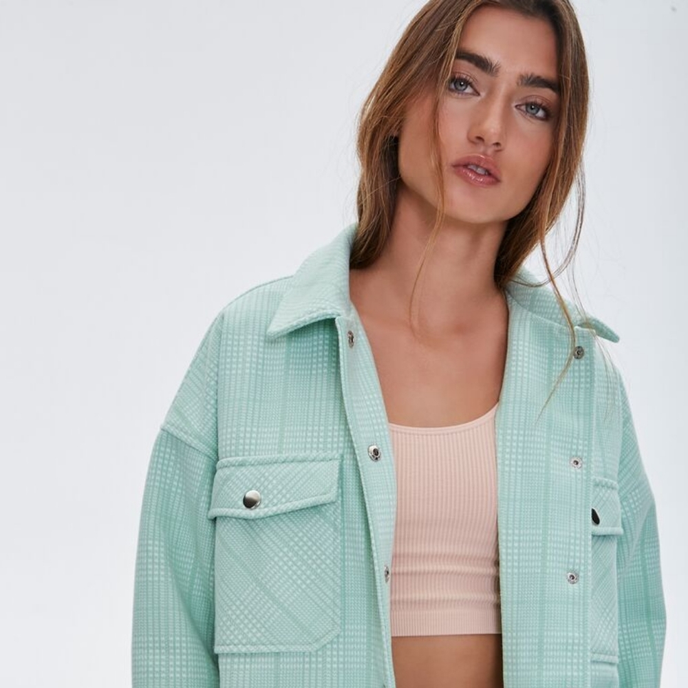 F21 Light Green Plaid Button Down Shacket